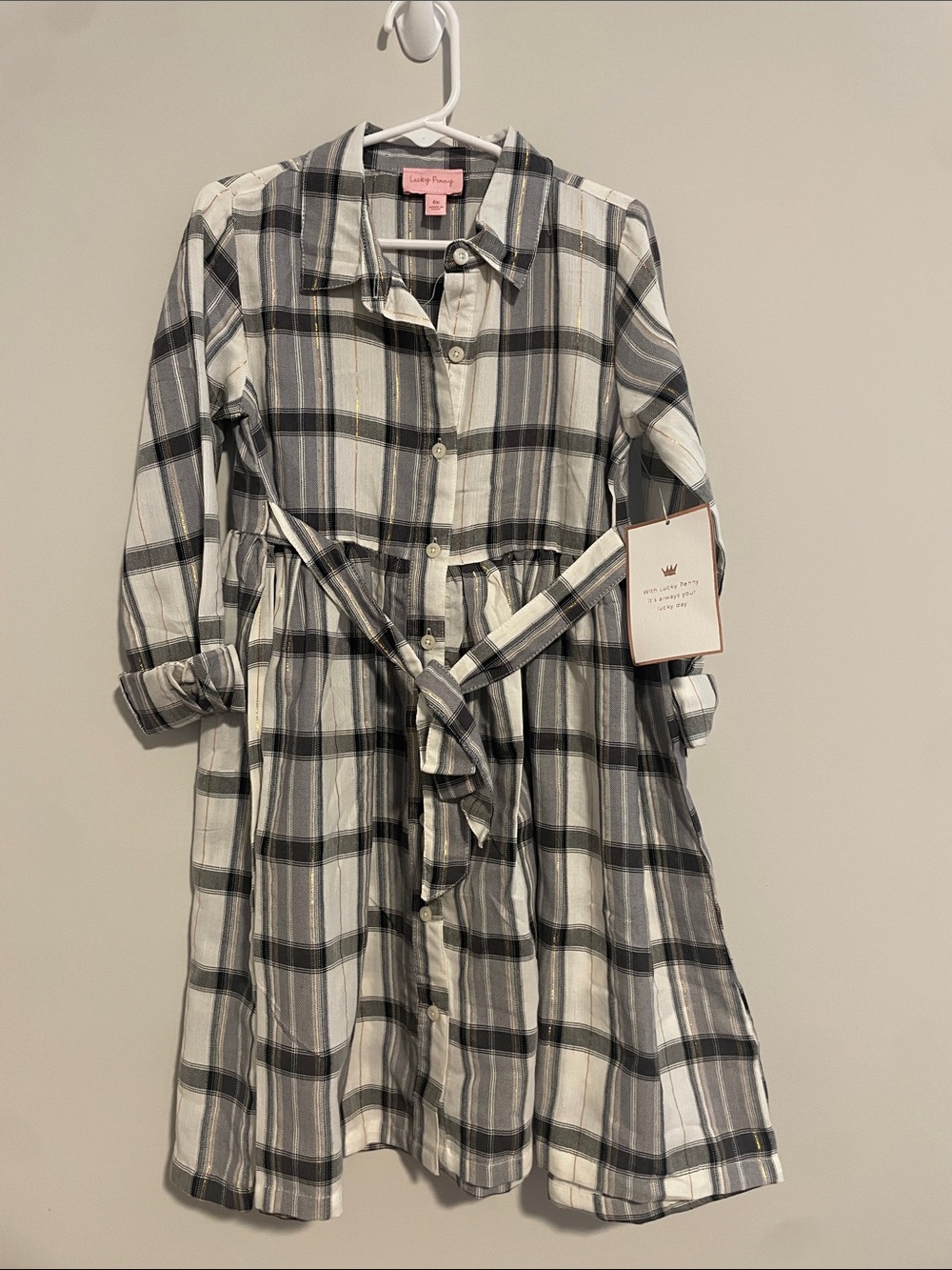 Girls Plaid Button-Front Dress with Tie Belt - Gray & White